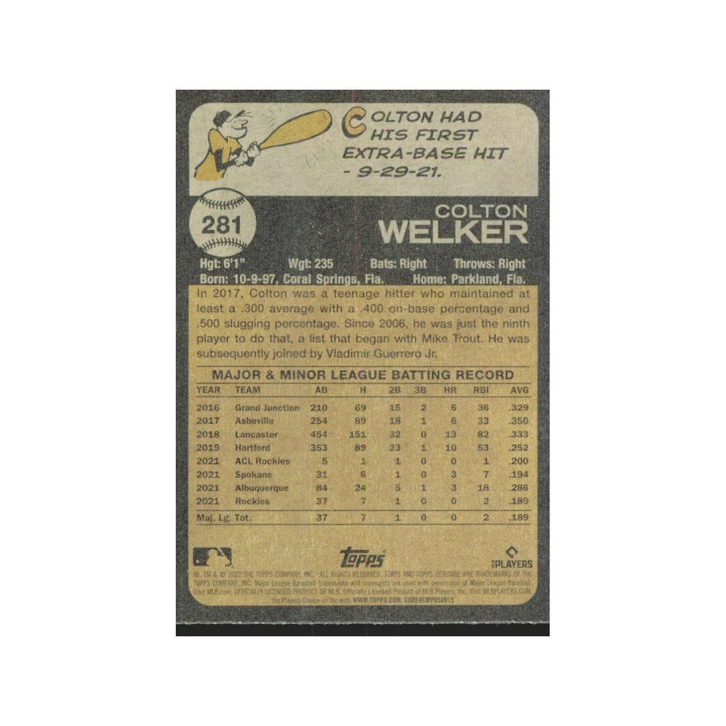 2022 Topps Heritage Colton Welker RC Rockies #281