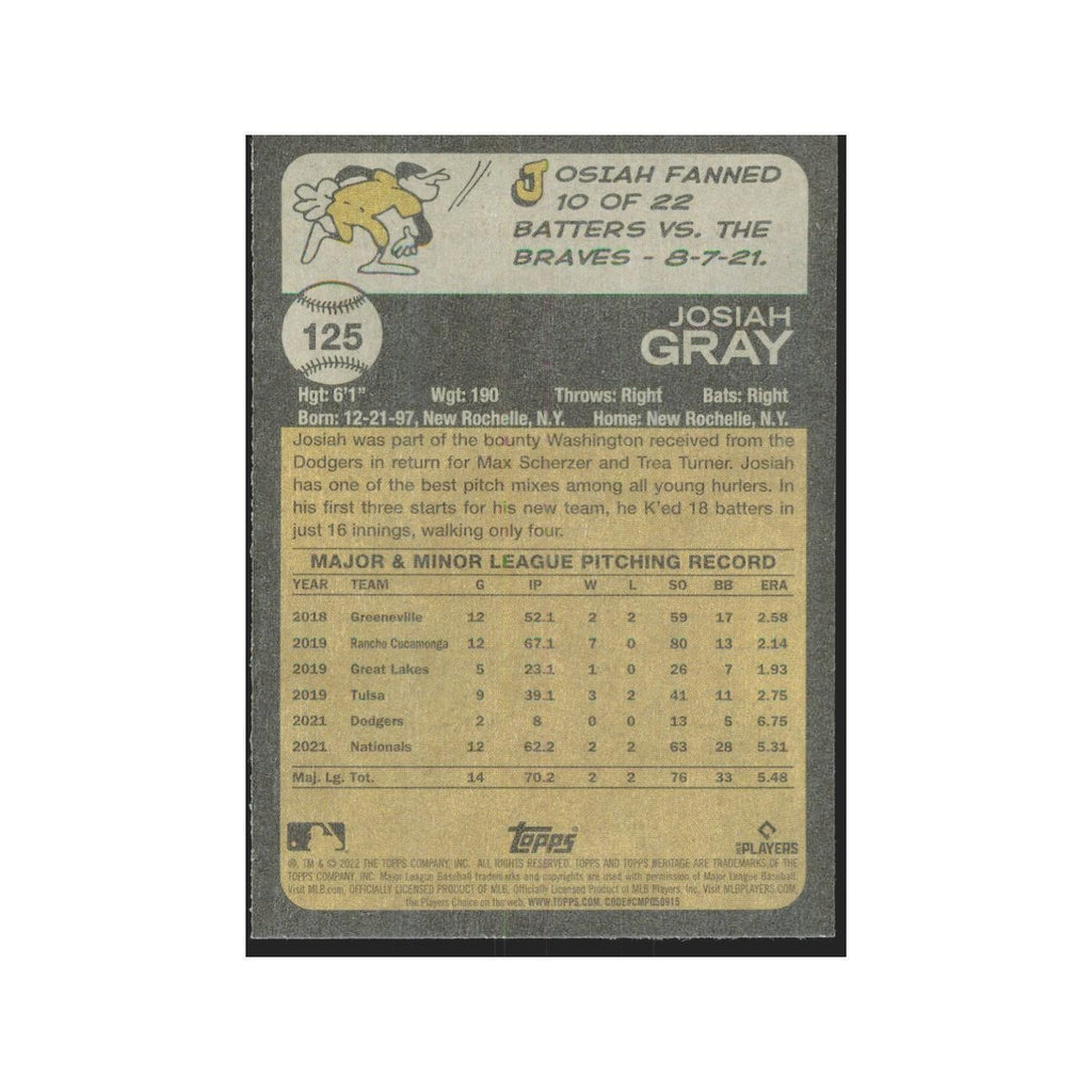 2022 Topps Heritage Josiah Gray RC Nationals #125
