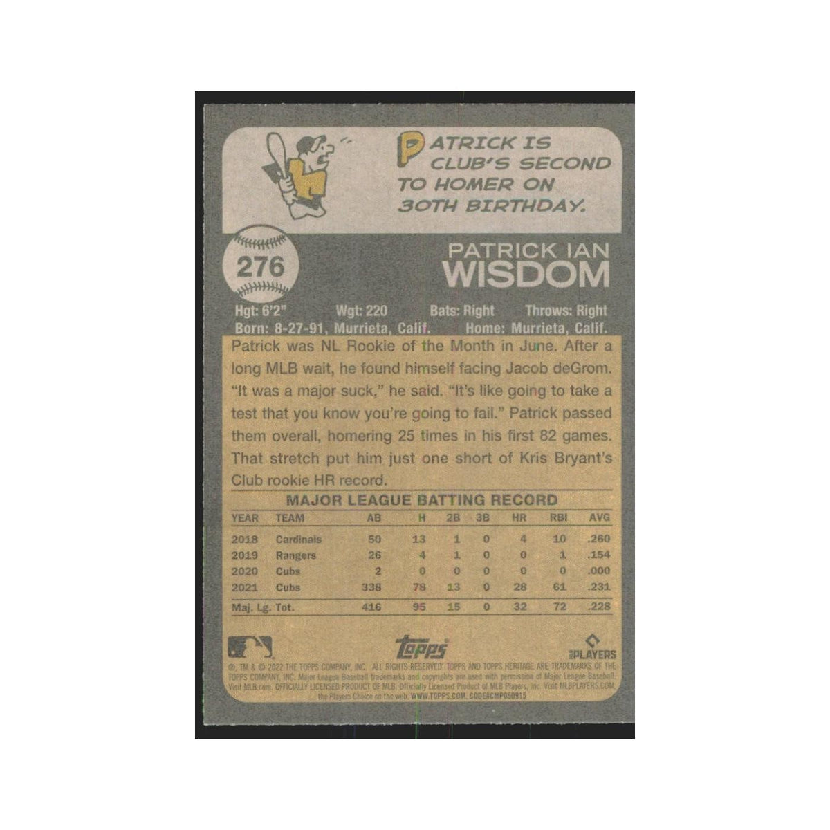 2022 Topps Heritage Patrick Wisdom Cubs #276