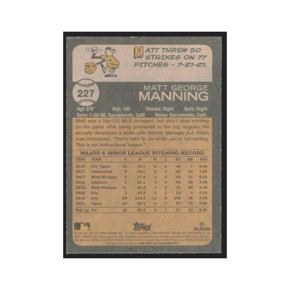 2022 Topps Heritage Matt Manning RC Tigers #227