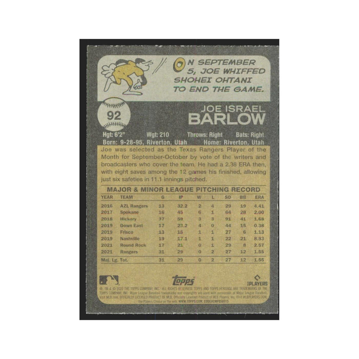 2022 Topps Heritage Joe Barlow RC Rangers #92