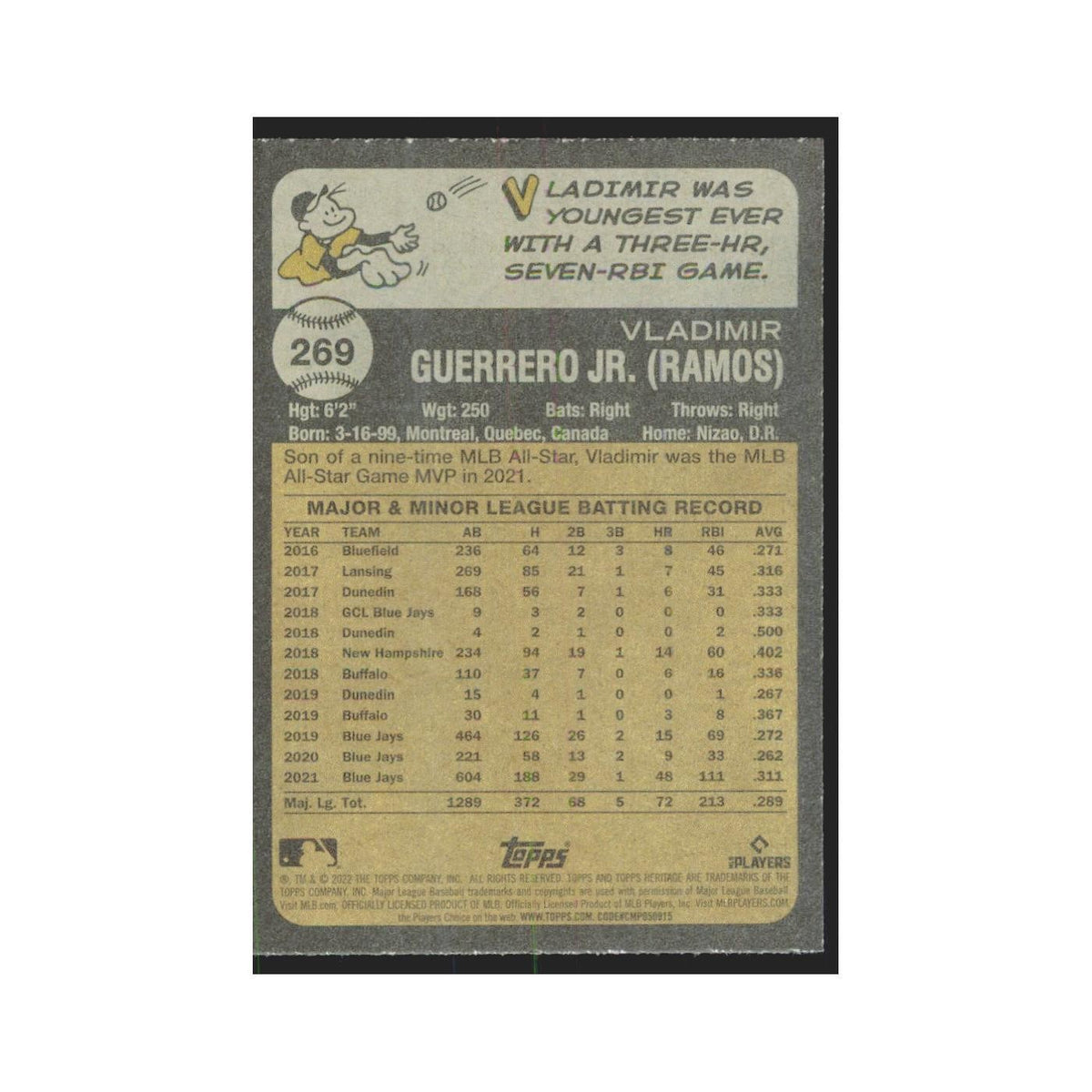 2022 Topps Heritage Vladimir Guerrero Jr. Blue Jays #269