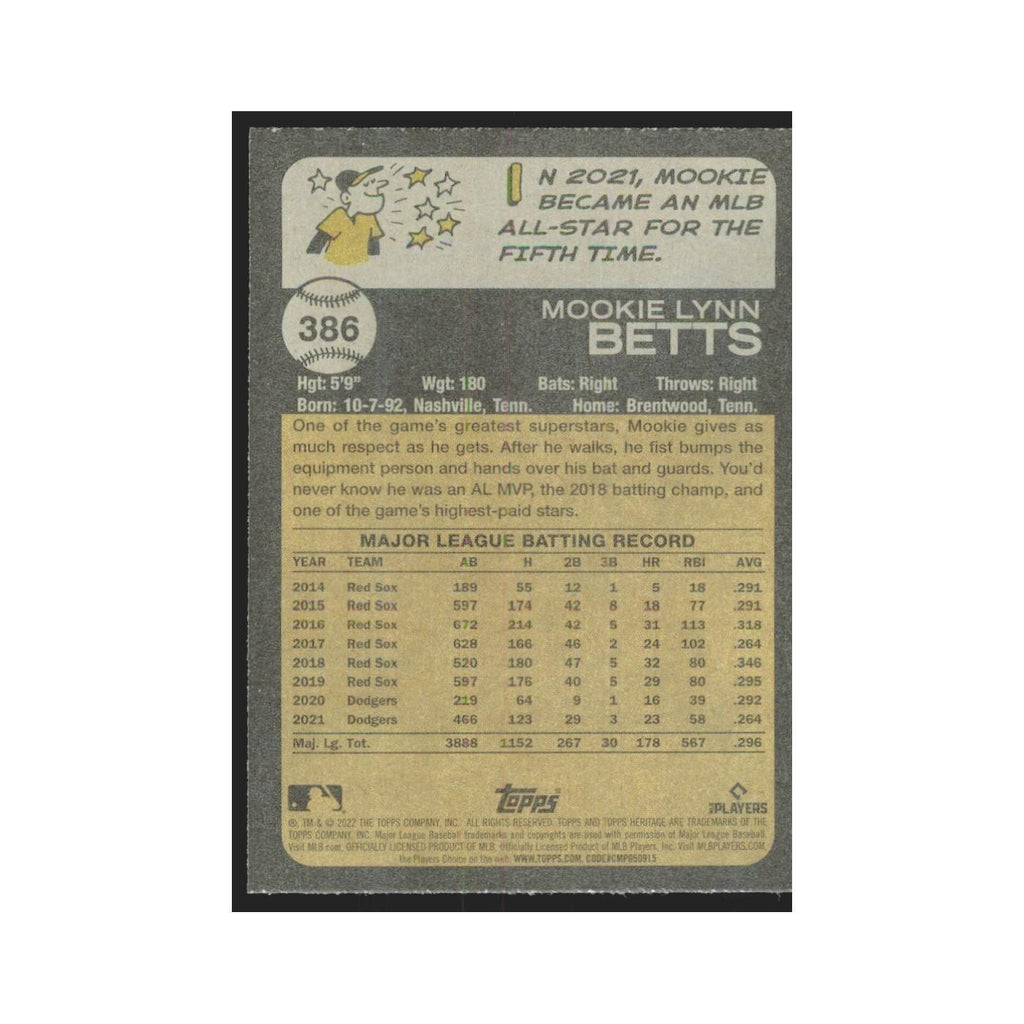 2022 Topps Heritage Mookie Betts Dodgers #386