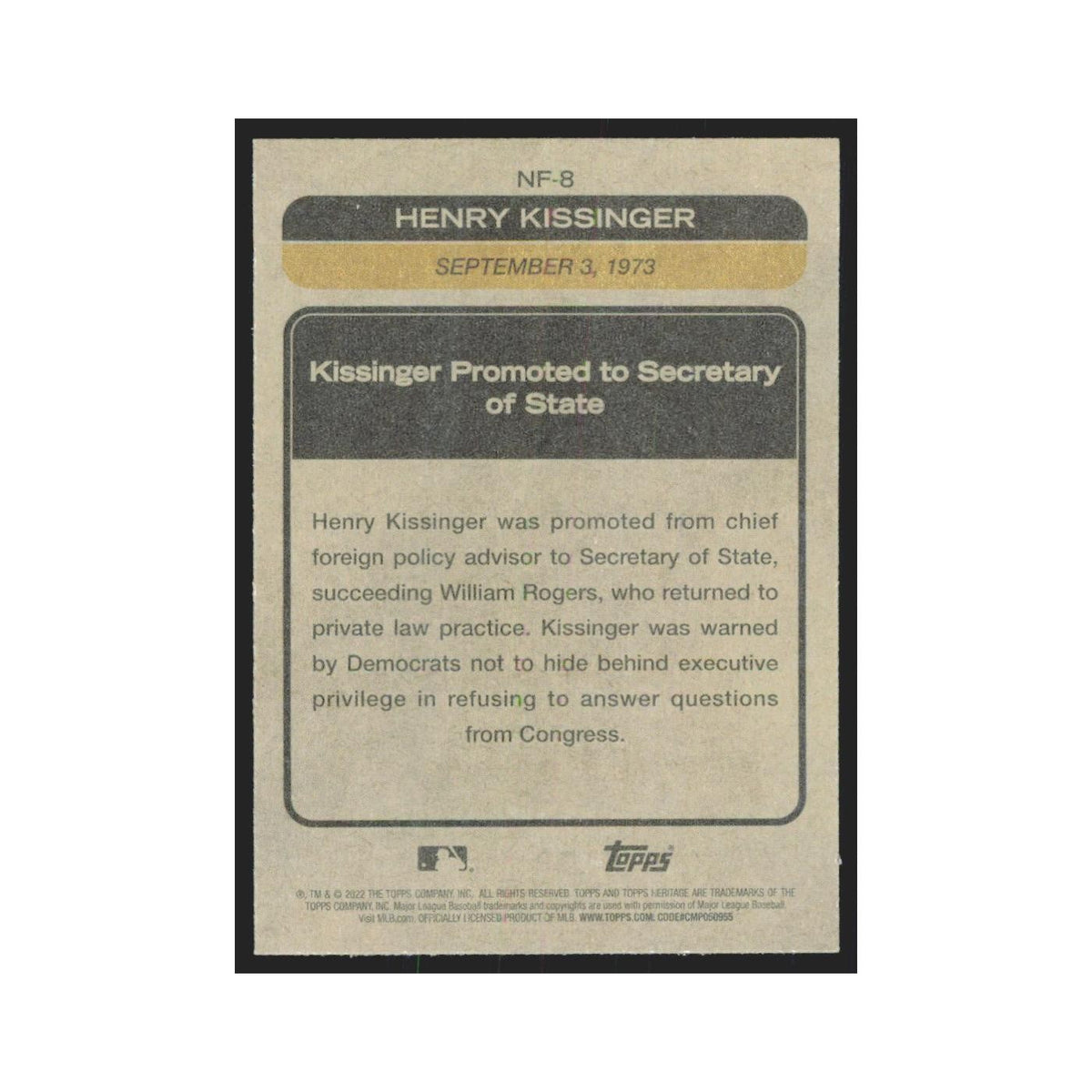 2022 Topps Heritage Henry Kissinger Begins Term as Secretary Of State #NF-8