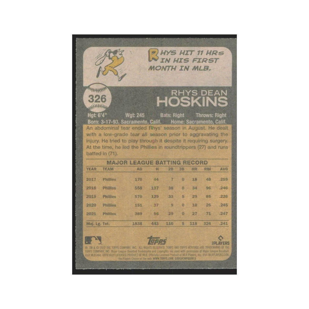 2022 Topps Heritage Rhys Hoskins Phillies #326