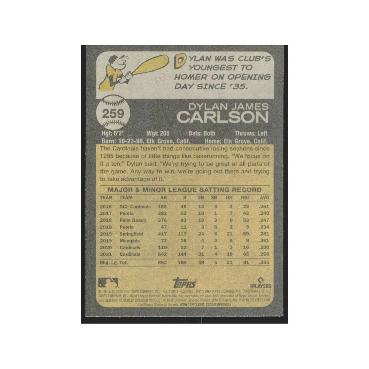 2022 Topps Heritage Dylan Carlson Cardinals #259