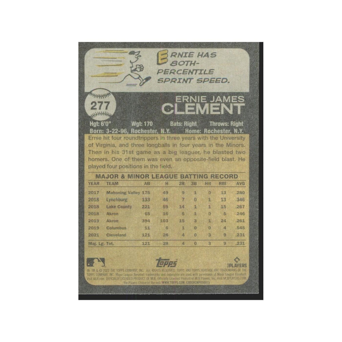 2022 Topps Heritage Ernie Clement RC Guardians #277