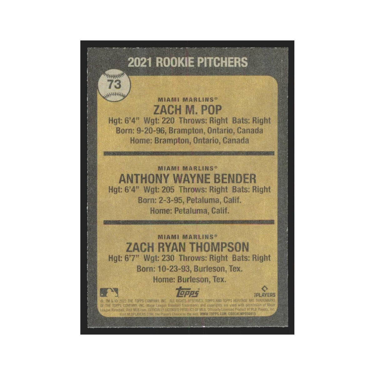 2022 Topps Heritage Zach Pop/Zach Thompson/Anthony Bender RC Marlins #73