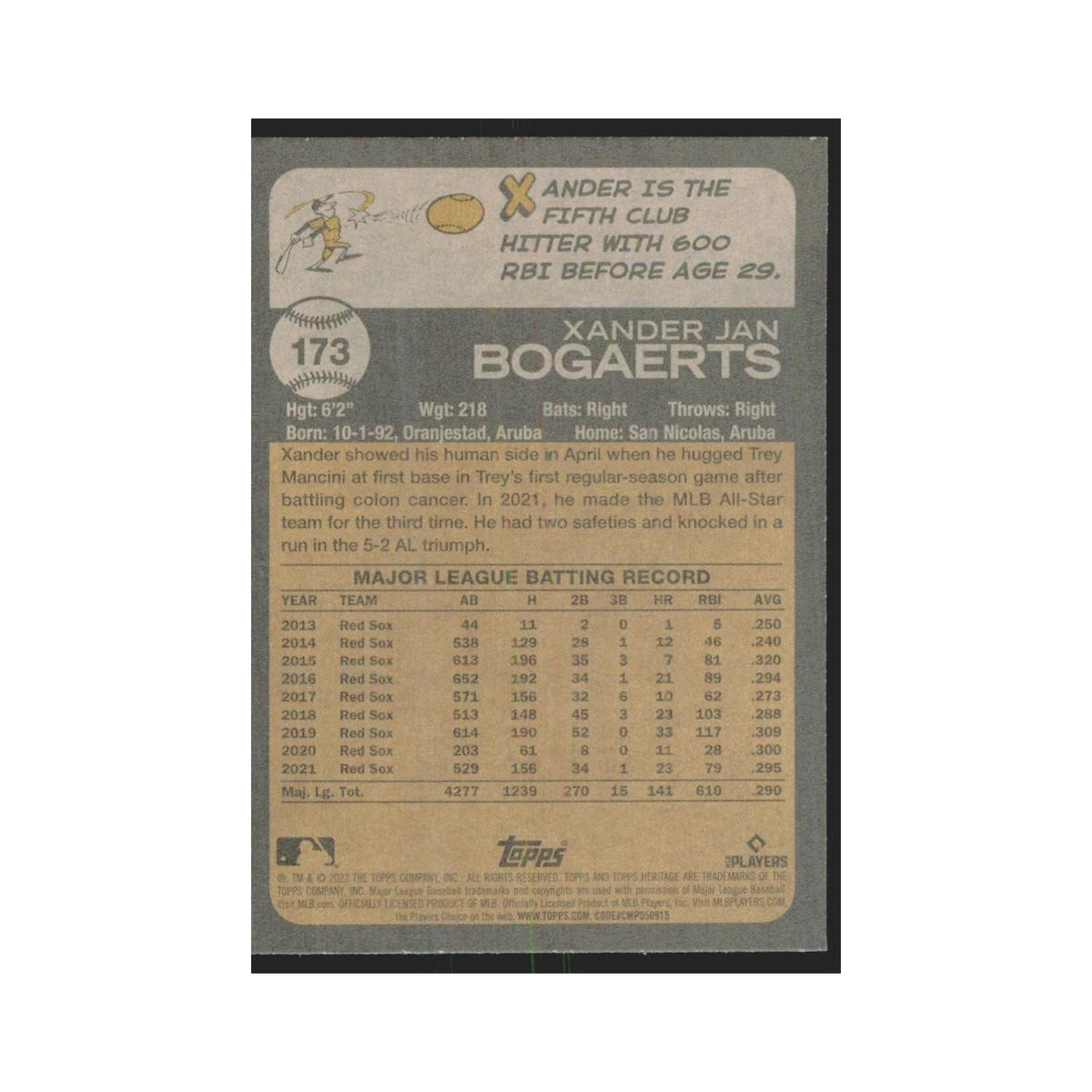 2022 Topps Heritage Xander Bogaerts Red Sox #173