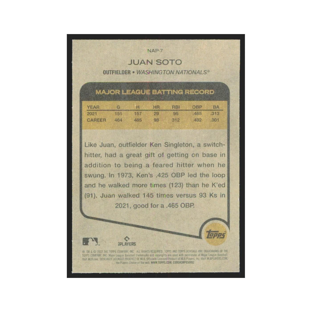 2022 Topps Heritage Juan Soto Nationals #NAP-7