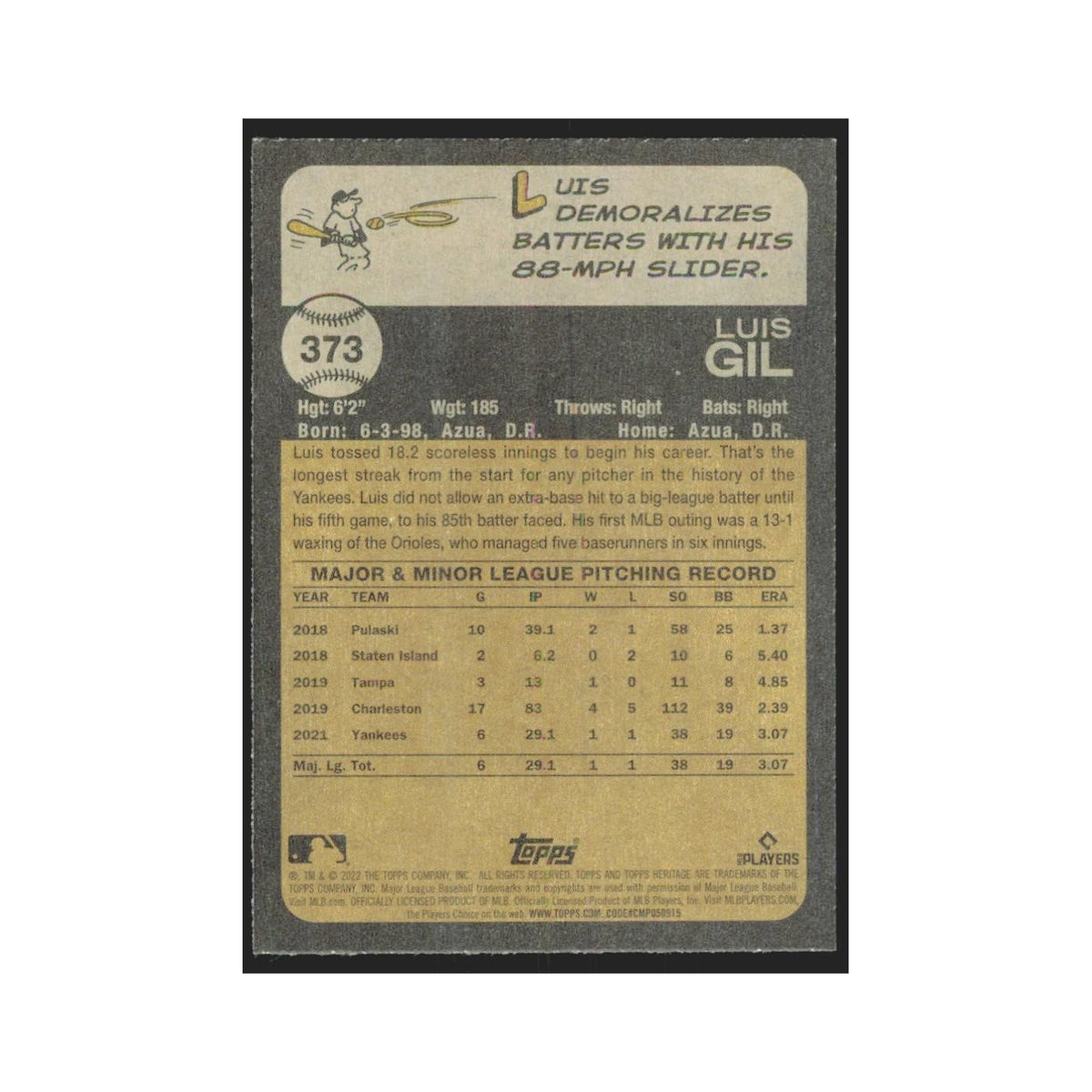 2022 Topps Heritage Luis Gil RC Yankees #373