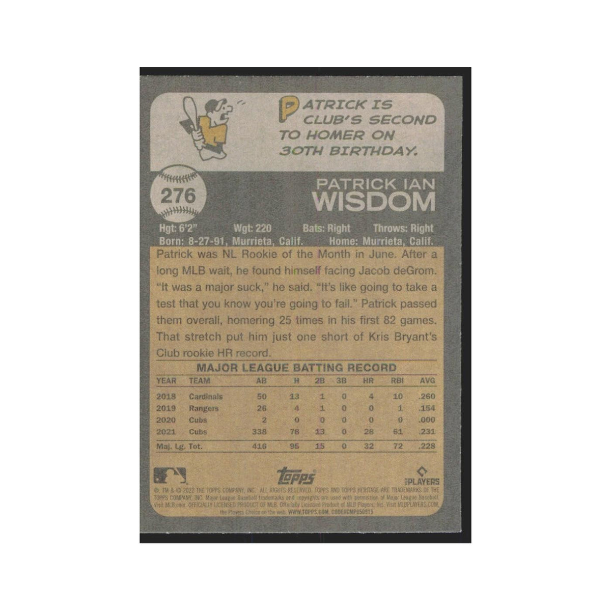 2022 Topps Heritage Patrick Wisdom Cubs #276