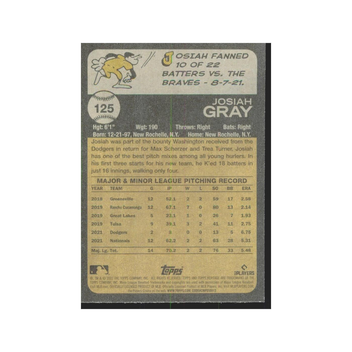 2022 Topps Heritage Josiah Gray RC Nationals #125