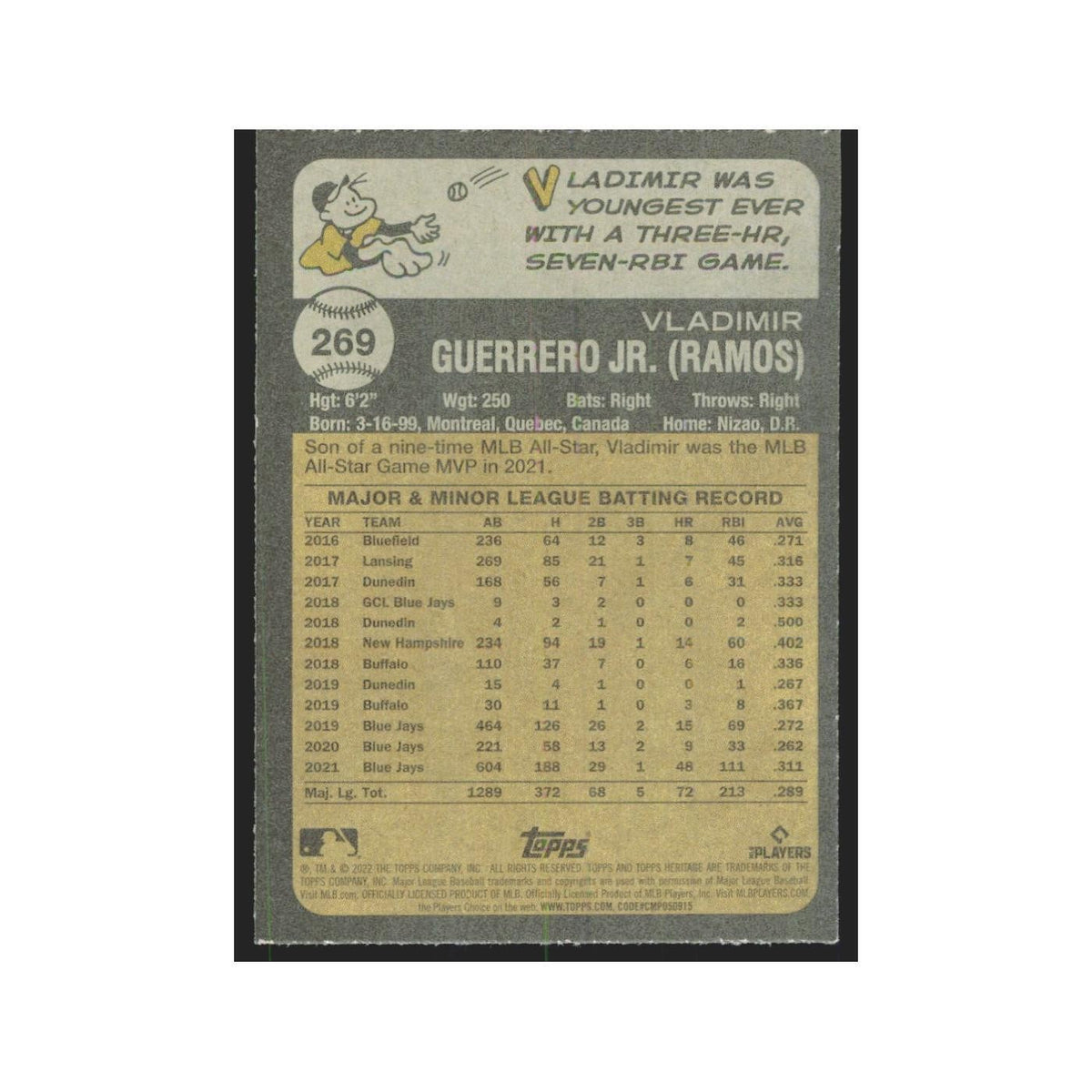 2022 Topps Heritage Vladimir Guerrero Jr. Blue Jays #269