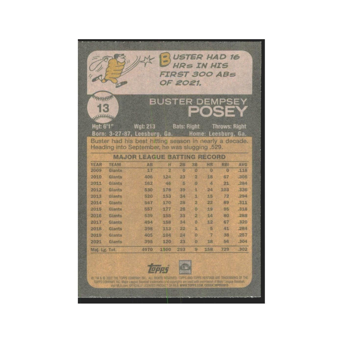 2022 Topps Heritage Buster Posey Giants #13