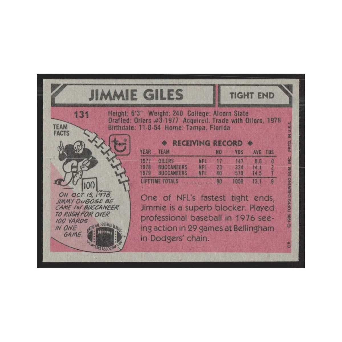 1980 Topps Jimmie Giles Buccaneers #131