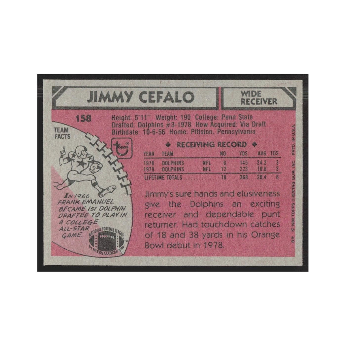 1980 Topps Jimmy Cefalo Dolphins #158