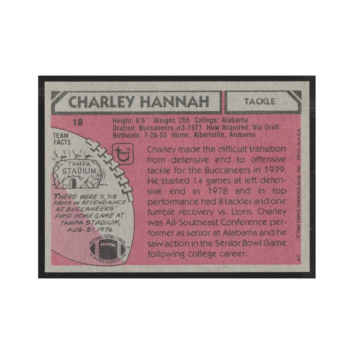 1980 Topps Charley Hannah Buccaneers #18
