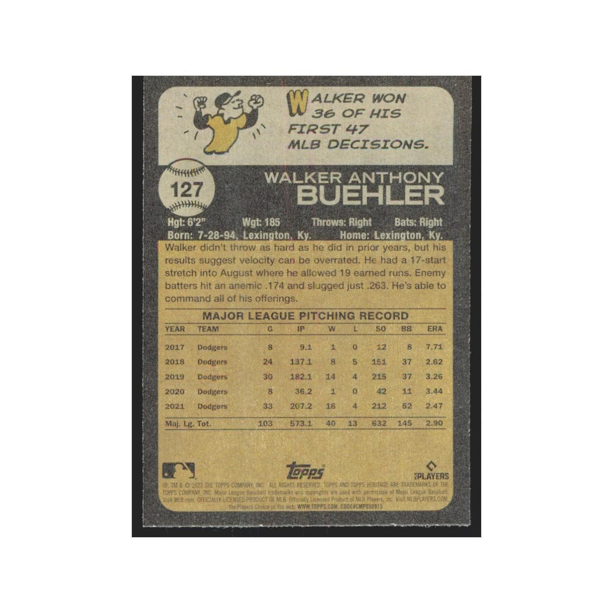 2022 Topps Heritage Walker Buehler Dodgers #127