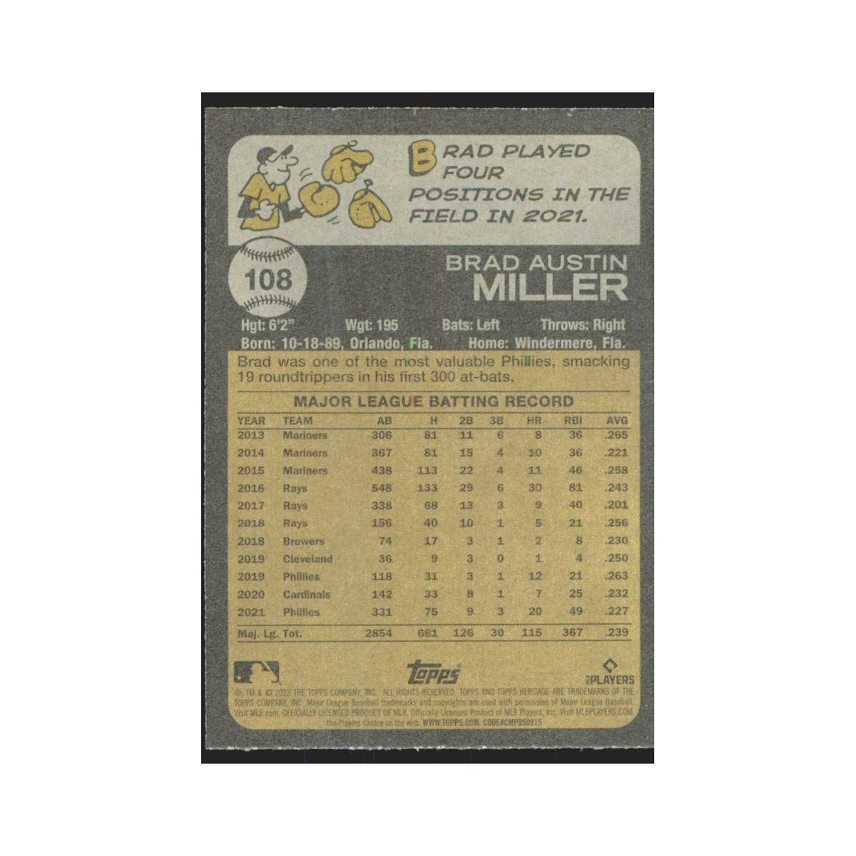 2022 Topps Heritage Brad Miller Phillies #108