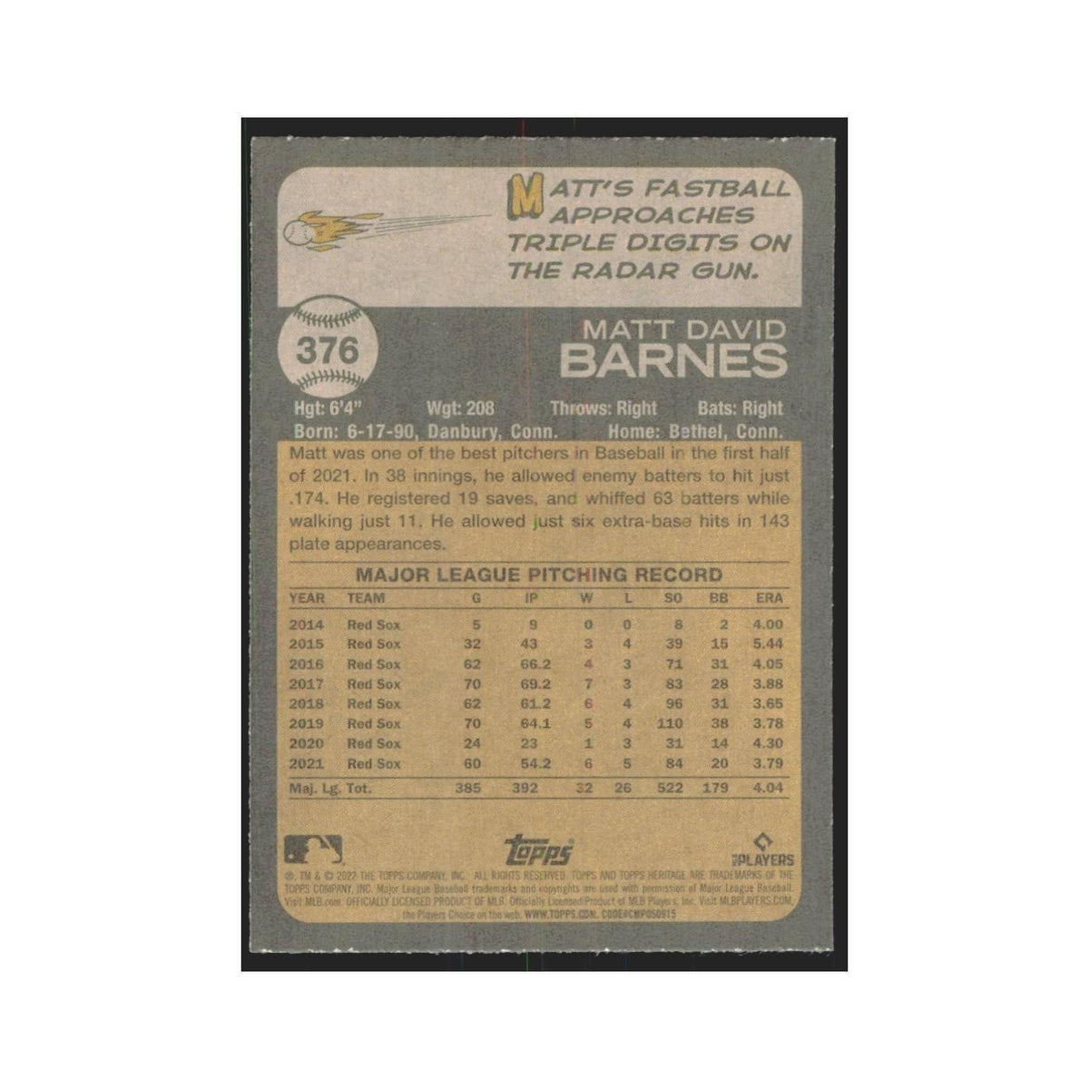 2022 Topps Heritage Matt Barnes Red Sox #376