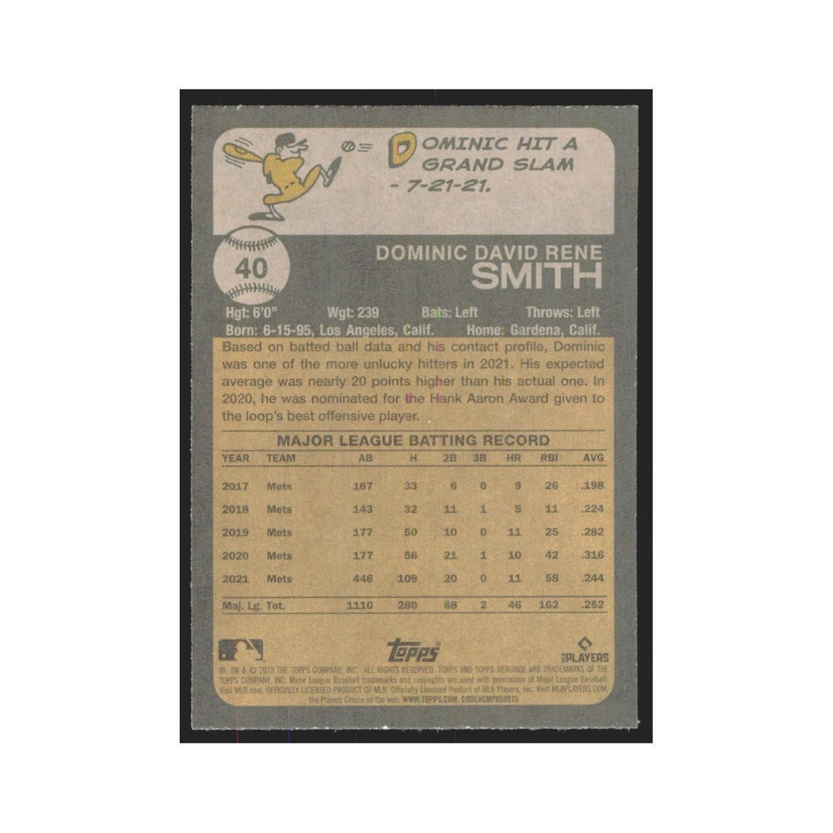 2022 Topps Heritage Dominic Smith Mets #40