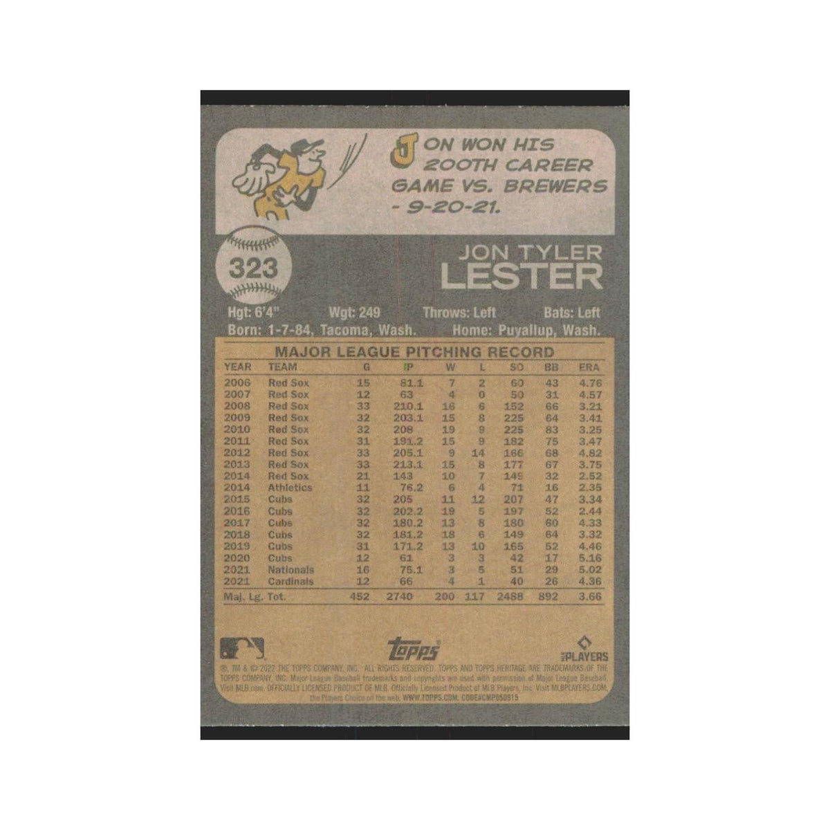 2022 Topps Heritage Jon Lester Cardinals #323