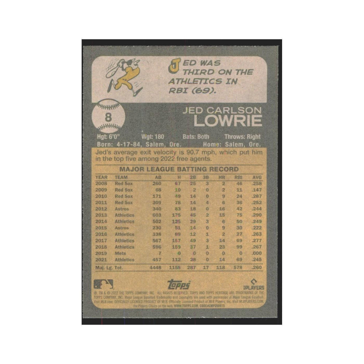 2022 Topps Heritage Jed Lowrie Athletics #8