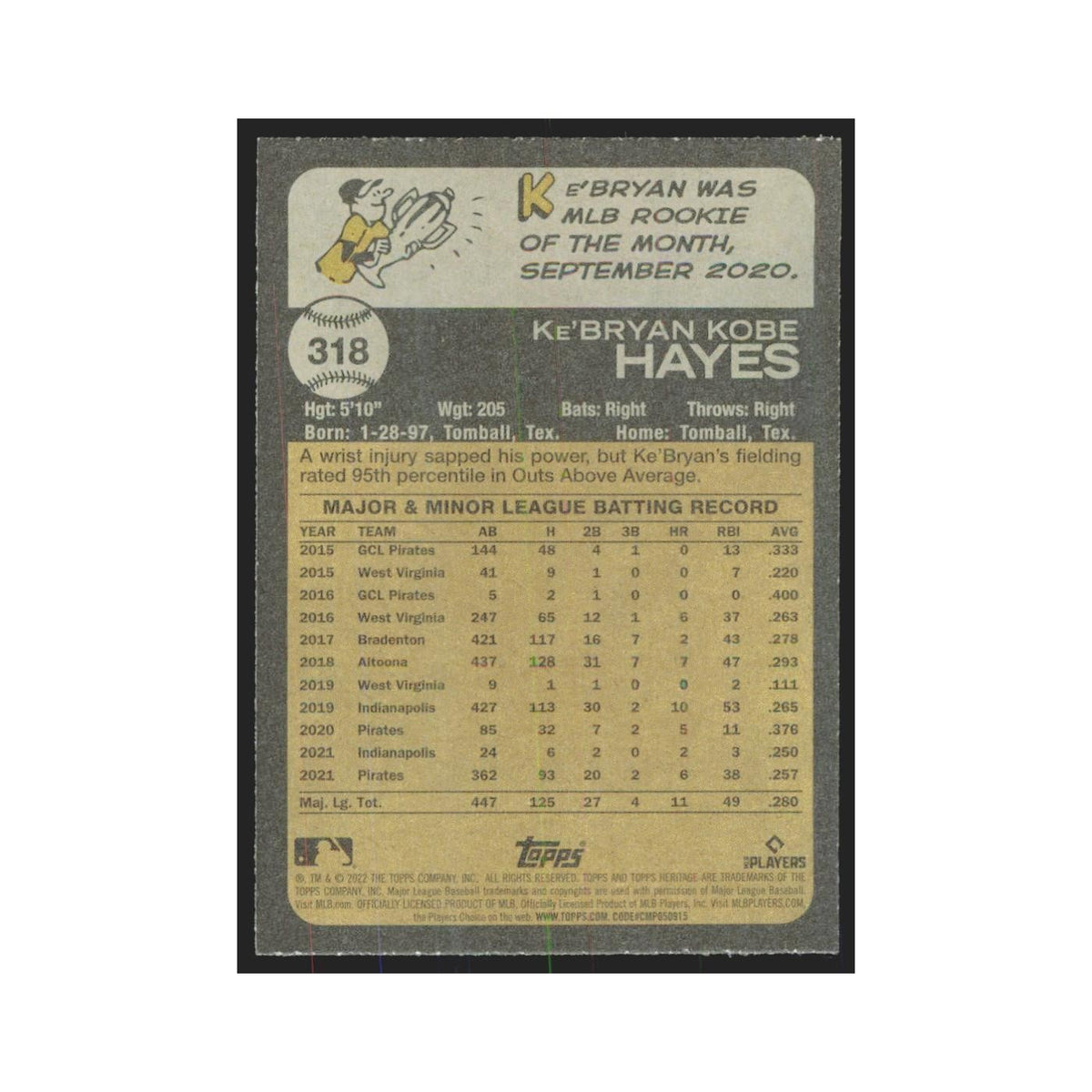 2022 Topps Heritage Ke'Bryan Hayes Pirates #318