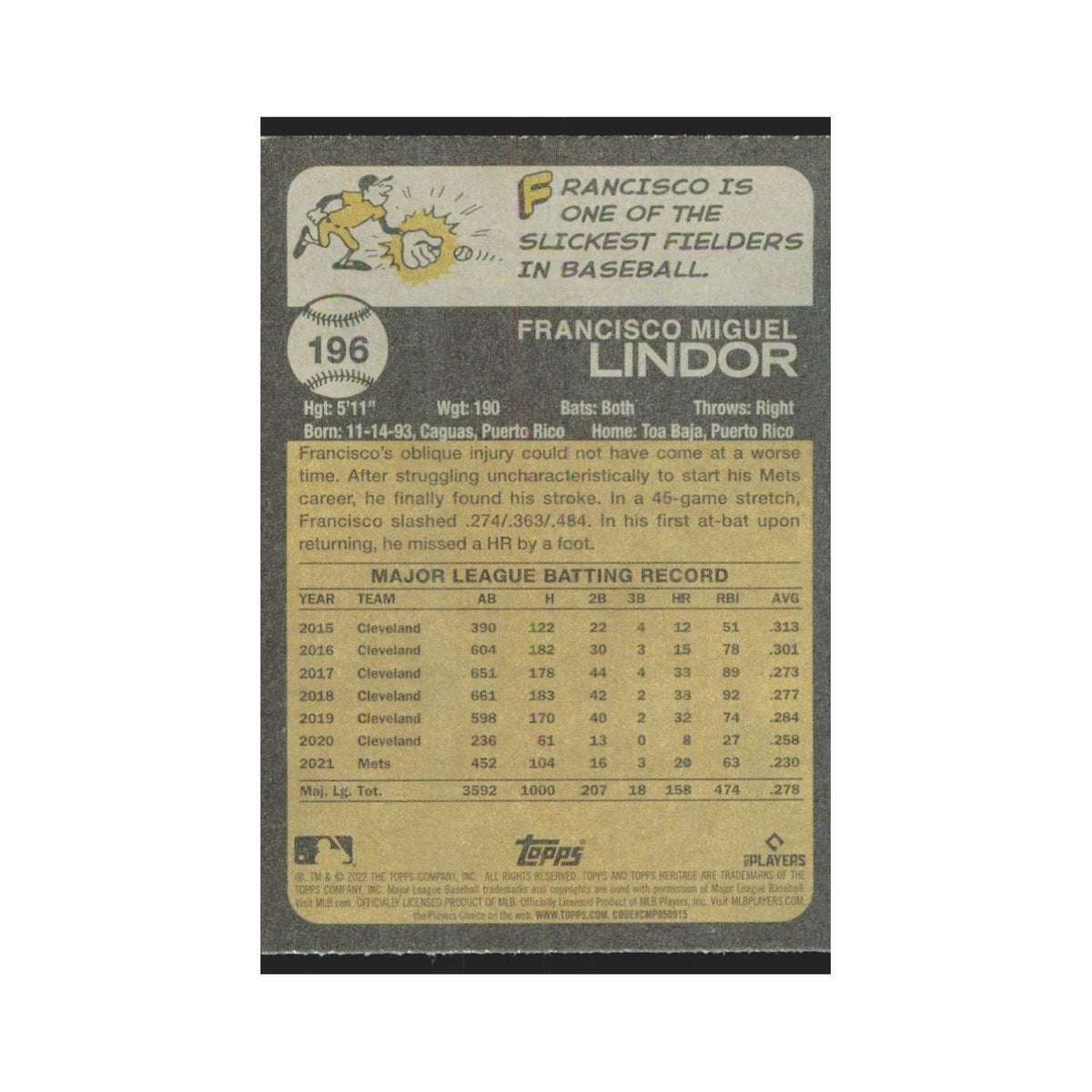 2022 Topps Heritage Francisco Lindor Mets #196