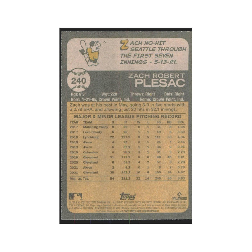 2022 Topps Heritage Zach Plesac Guardians #240