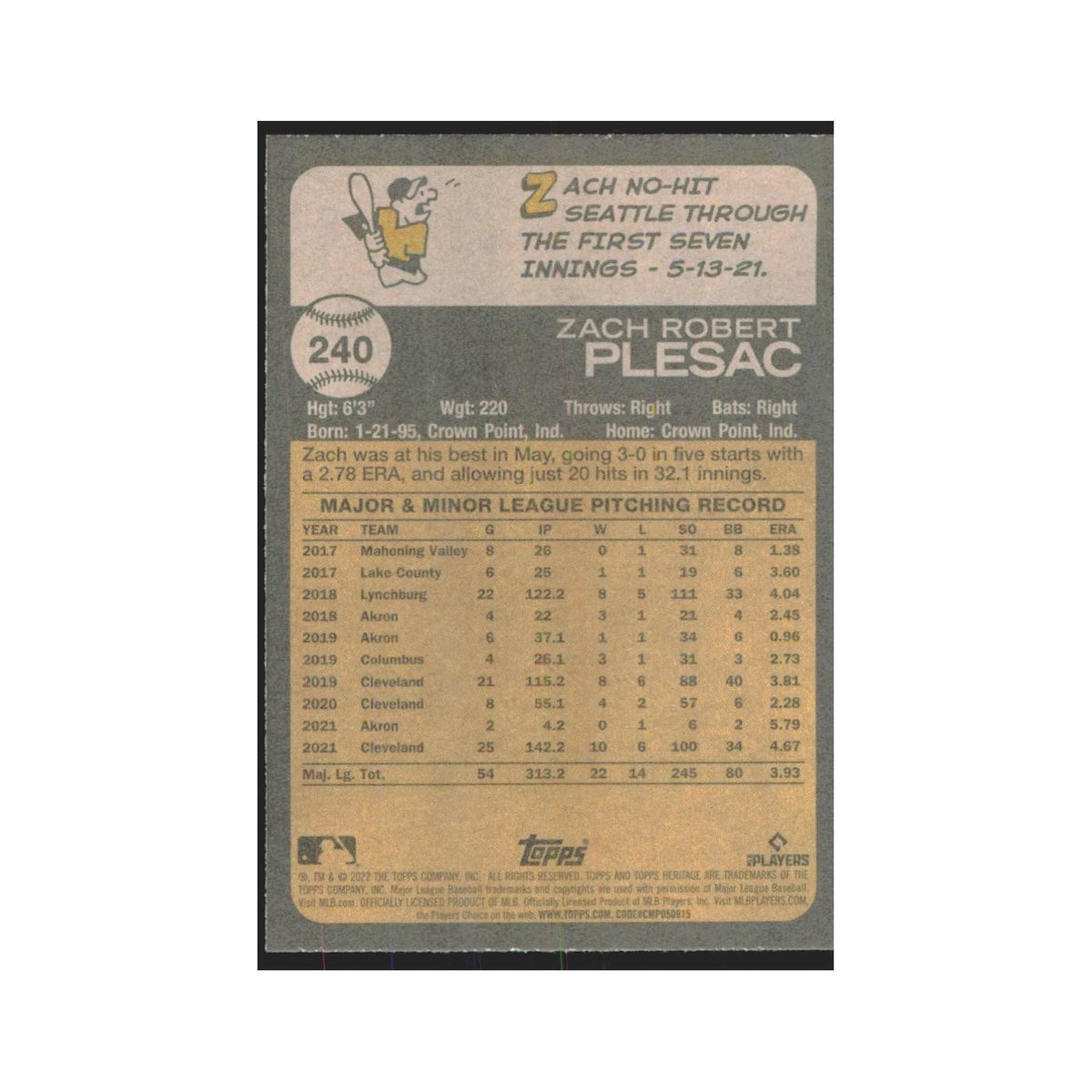 2022 Topps Heritage Zach Plesac Guardians #240