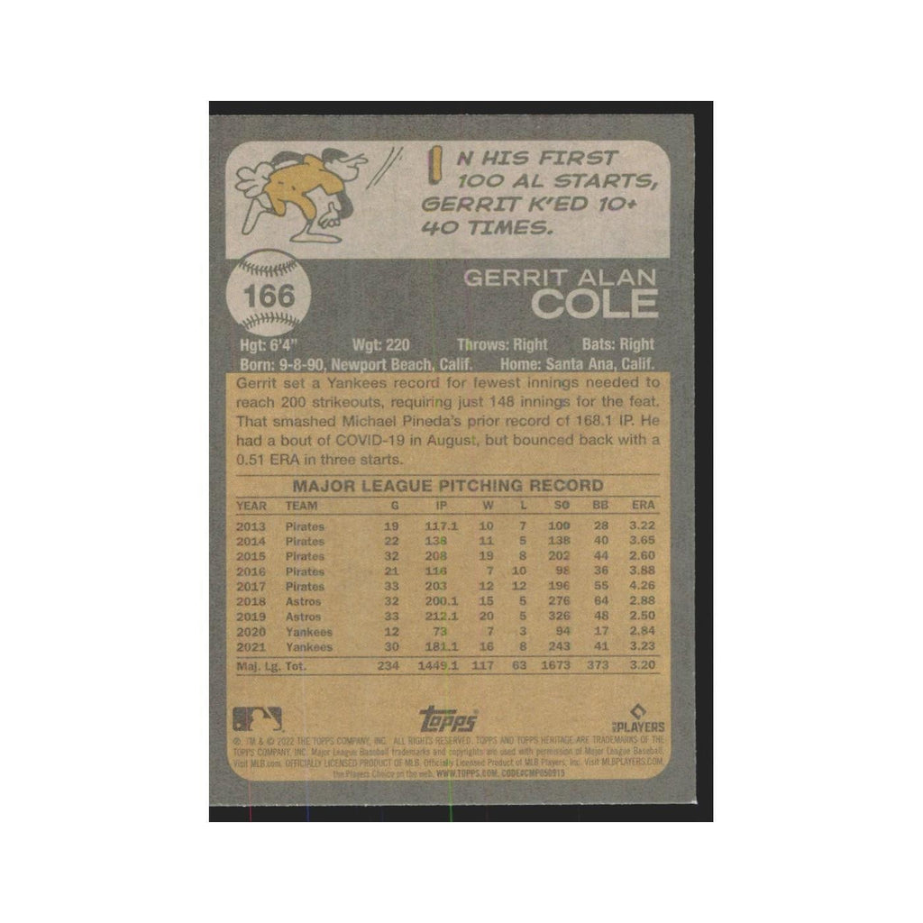 2022 Topps Heritage Gerrit Cole Yankees #166