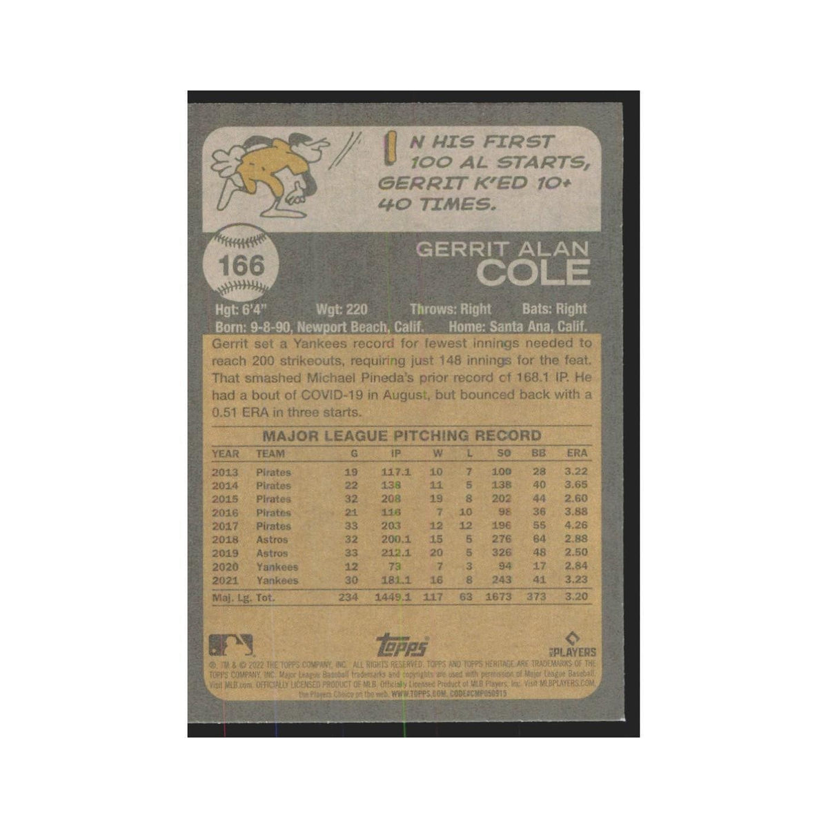 2022 Topps Heritage Gerrit Cole Yankees #166