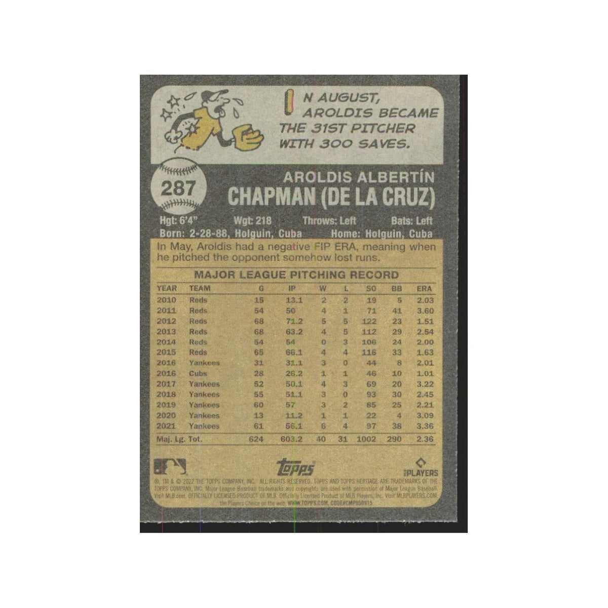 2022 Topps Heritage Aroldis Chapman Yankees #287