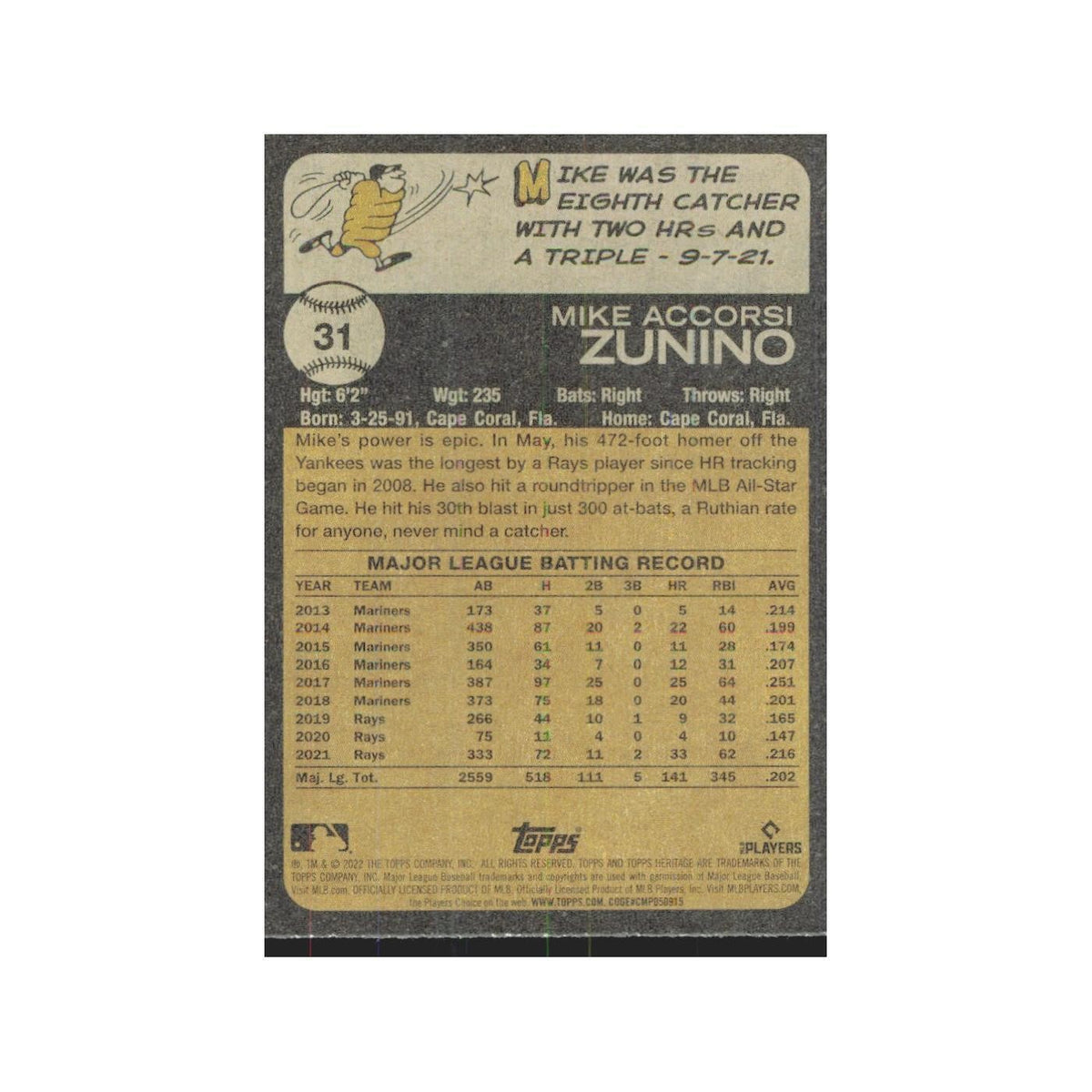 2022 Topps Heritage Mike Zunino Rays #31