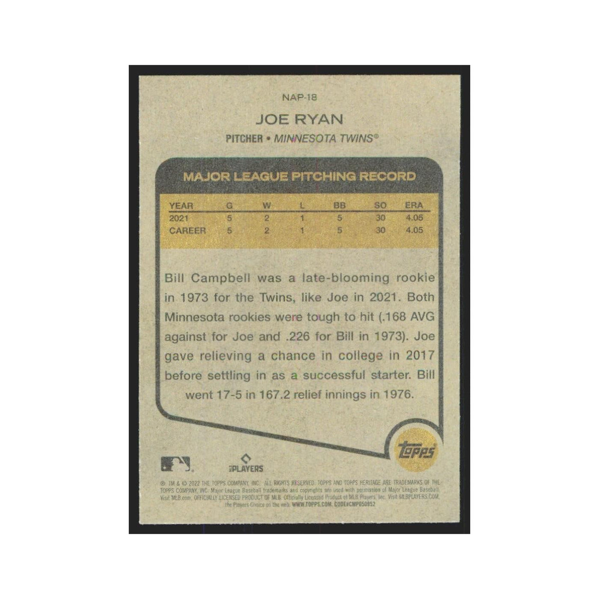 2022 Topps Heritage Joe Ryan Twins #NAP-18