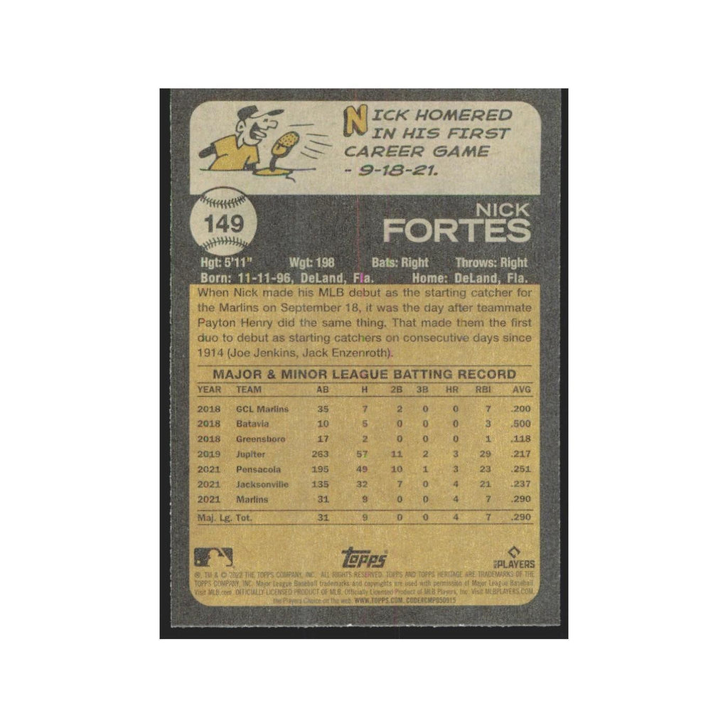 2022 Topps Heritage Nick Fortes RC Marlins #149