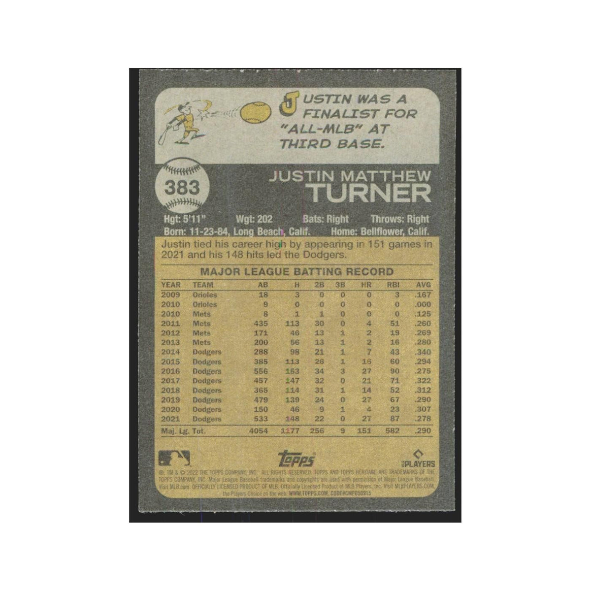 2022 Topps Heritage Justin Turner Dodgers #383