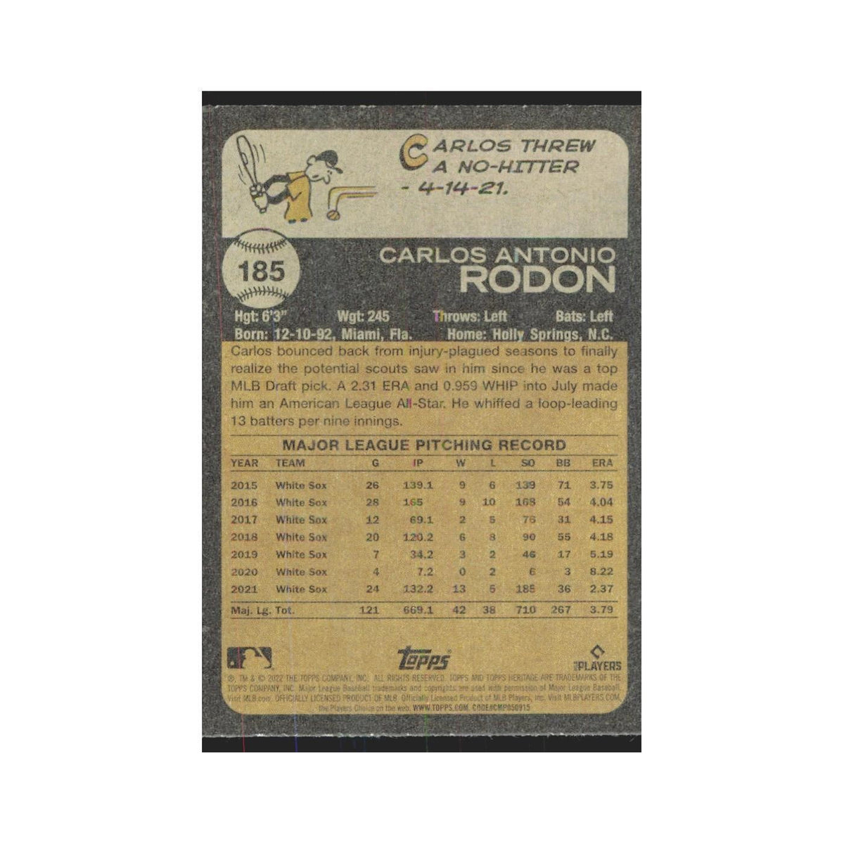 2022 Topps Heritage Carlos Rodon White Sox #185