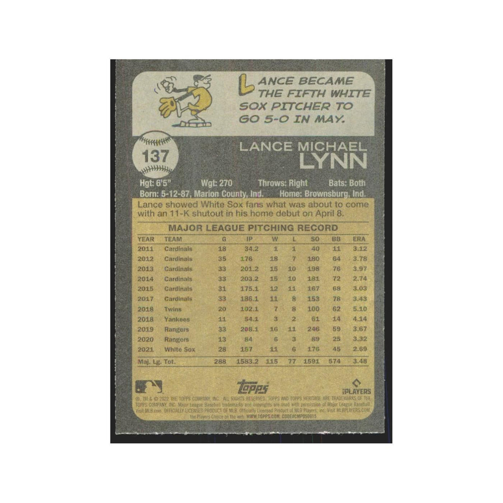 2022 Topps Heritage Lance Lynn White Sox #137