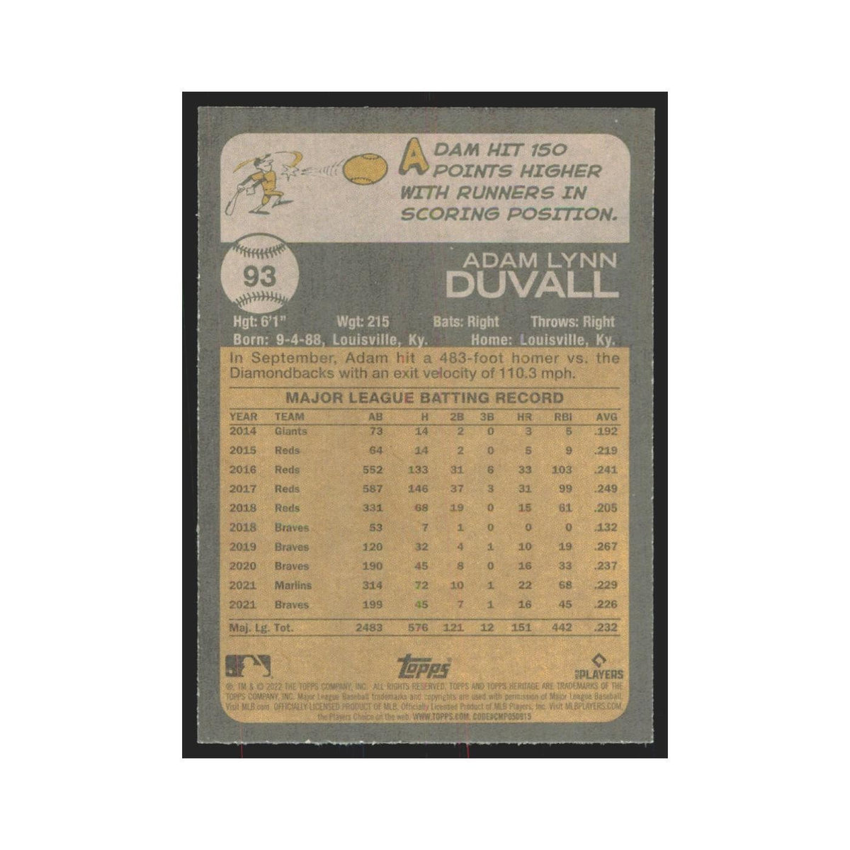 2022 Topps Heritage Adam Duvall Braves #93