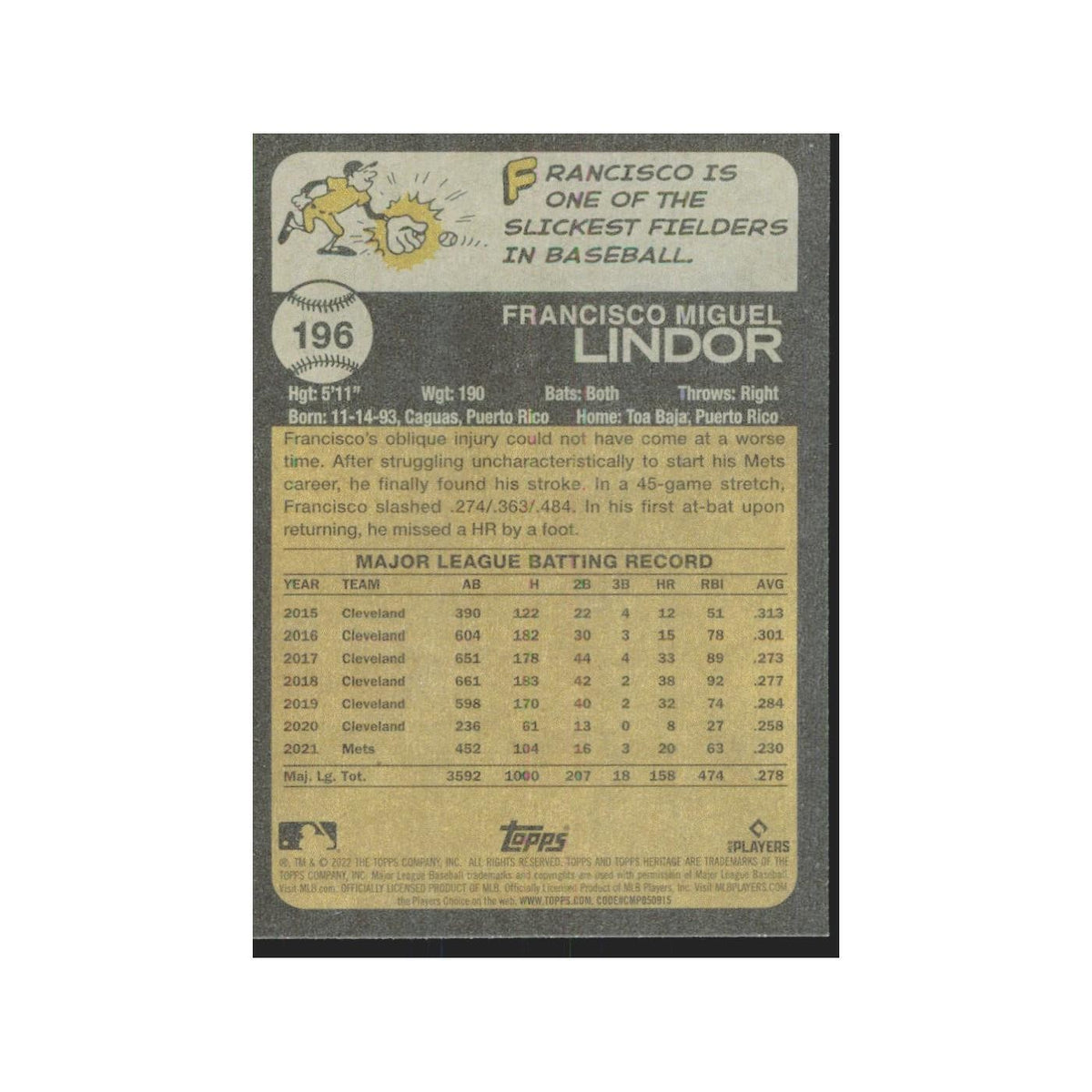 2022 Topps Heritage Francisco Lindor Mets #196