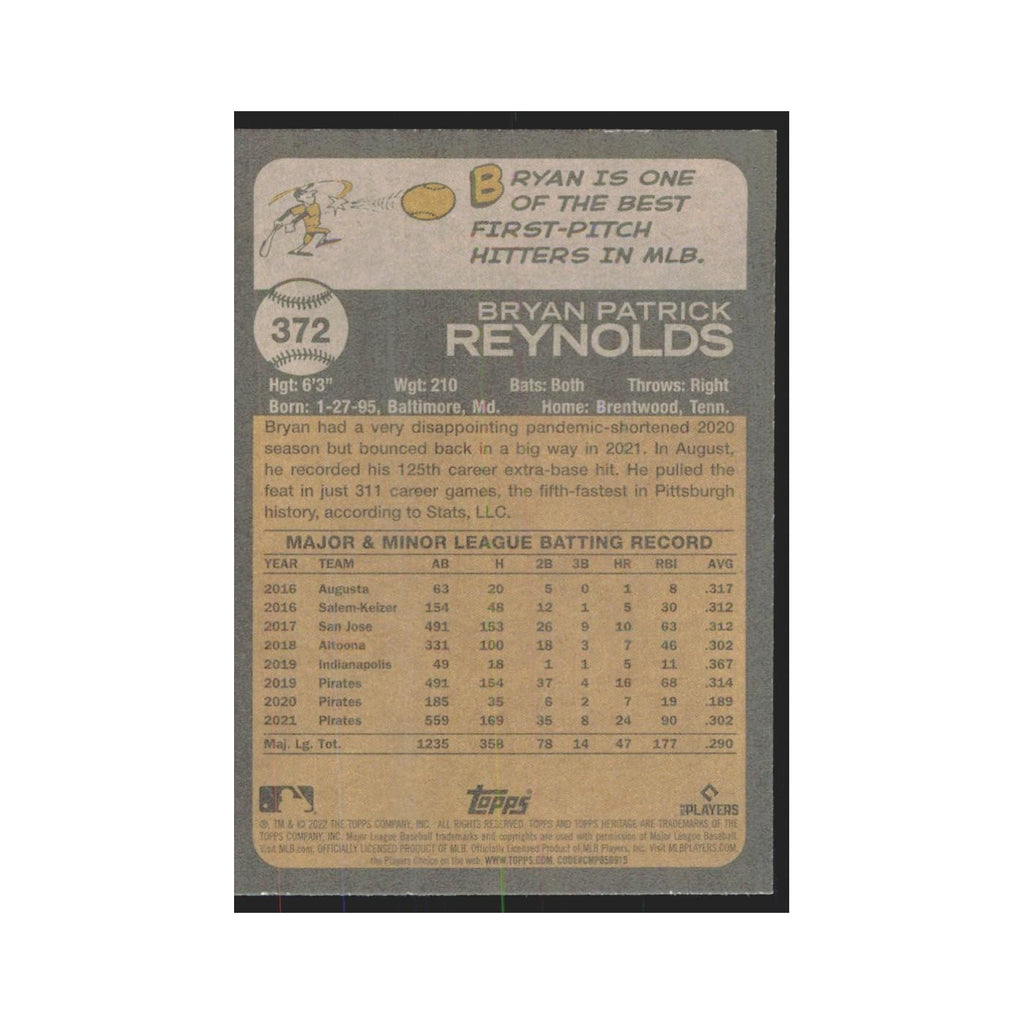2022 Topps Heritage Bryan Reynolds Pirates #372