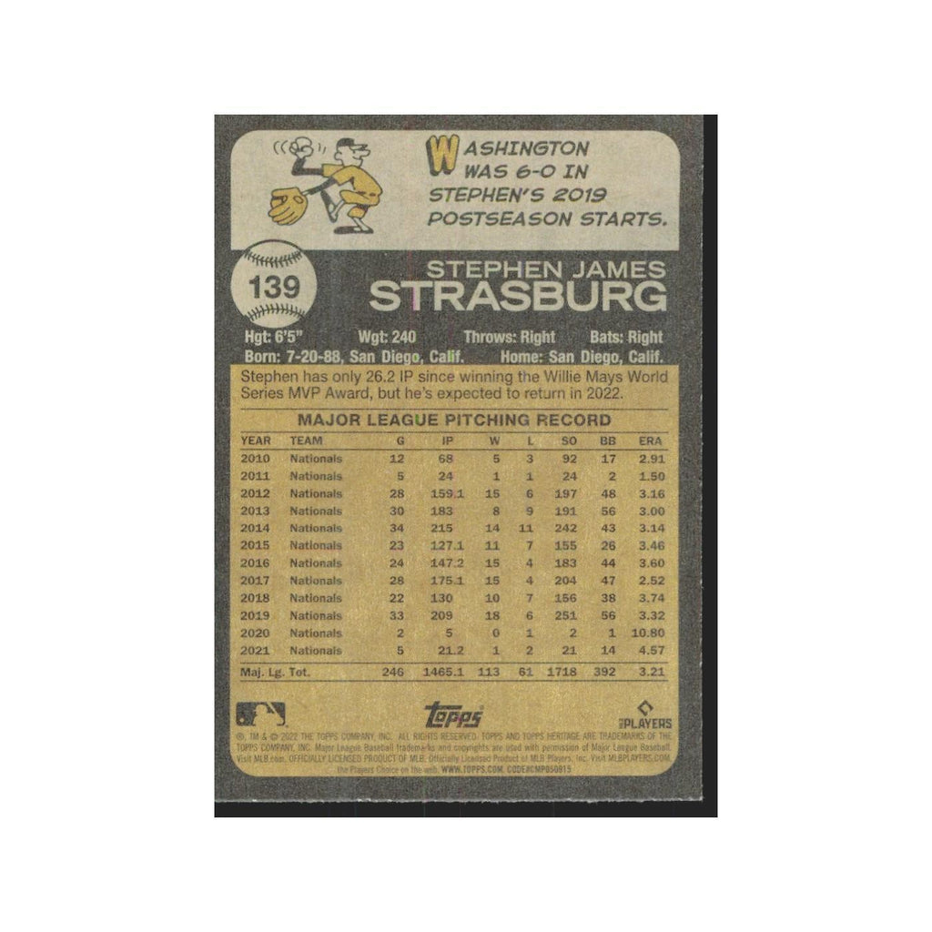 2022 Topps Heritage Stephen Strasburg Nationals #139