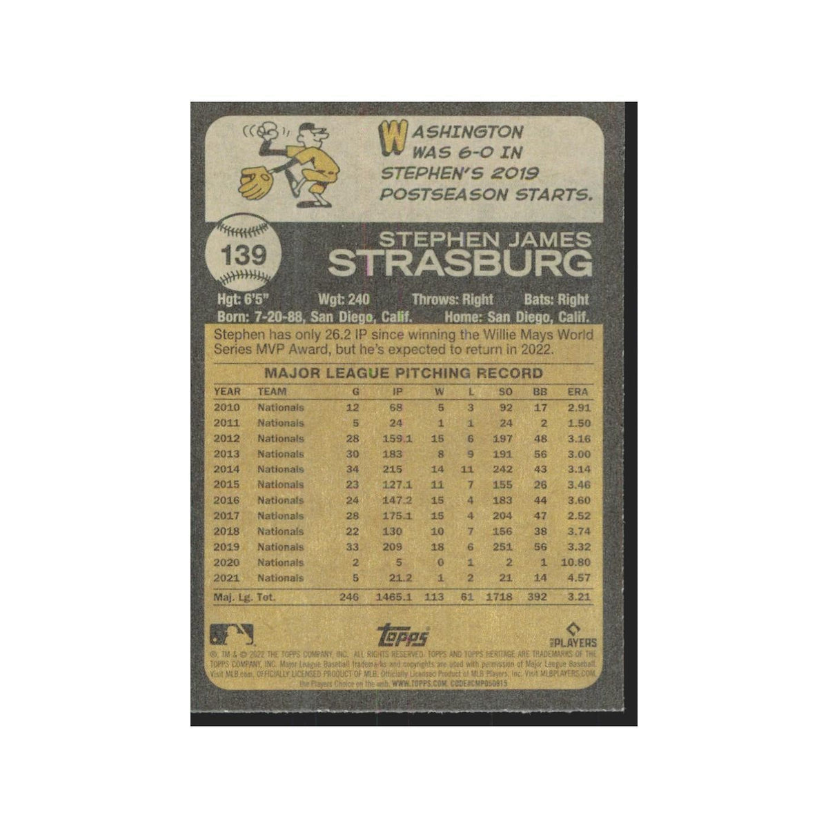 2022 Topps Heritage Stephen Strasburg Nationals #139
