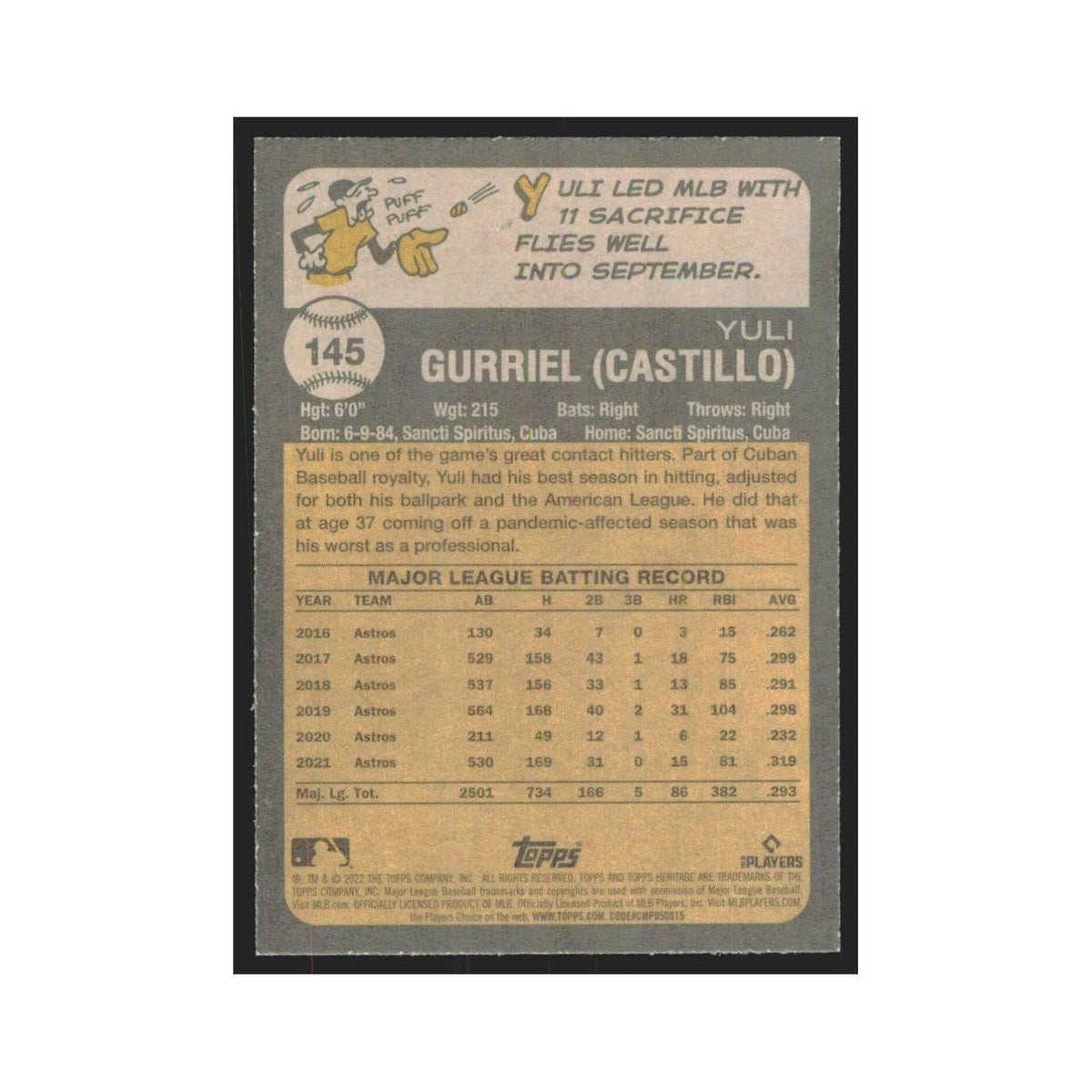 2022 Topps Heritage Yuli Gurriel Astros #145