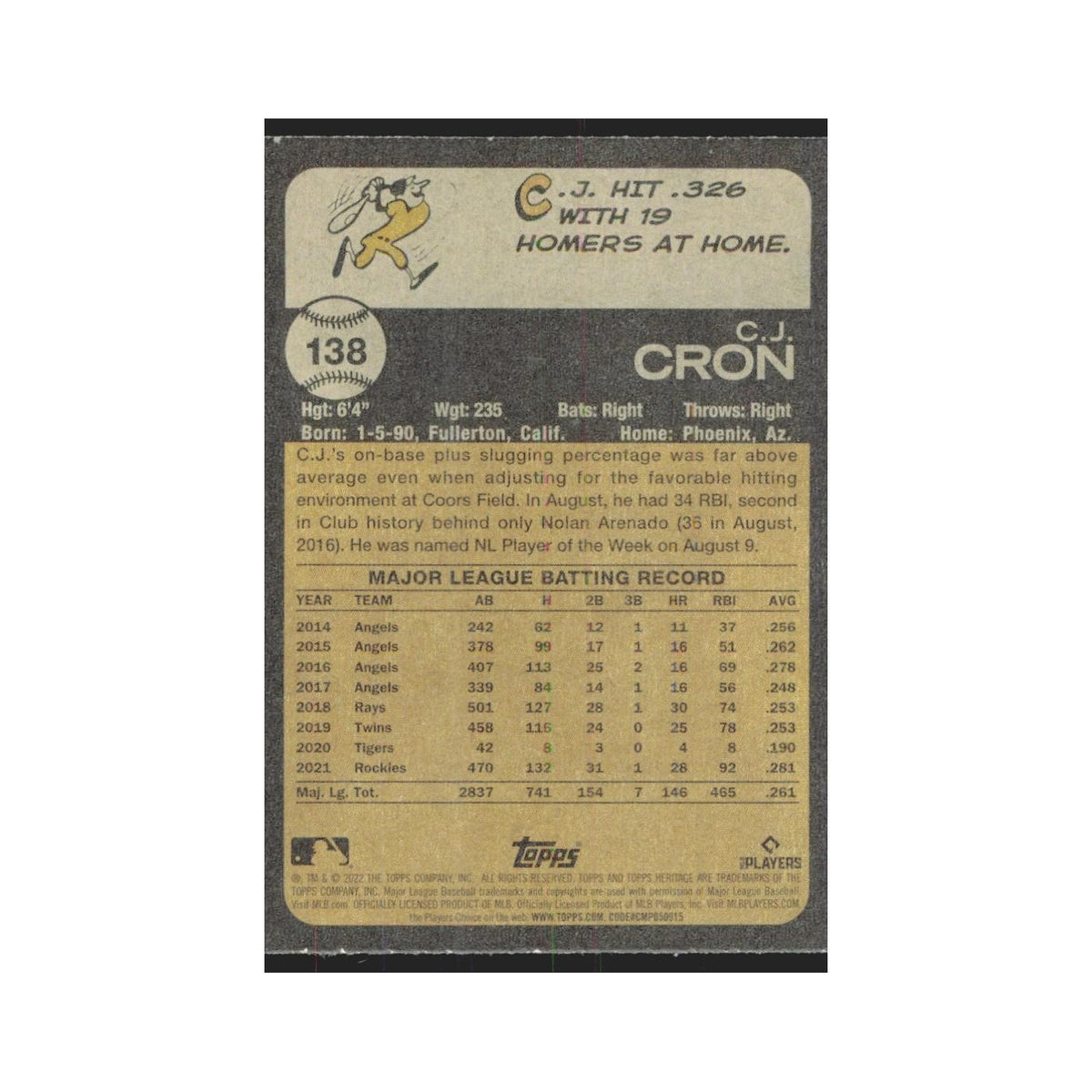 2022 Topps Heritage C.J. Cron Rockies #138