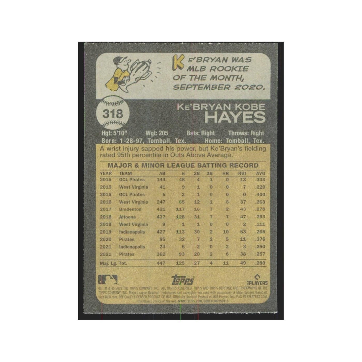 2022 Topps Heritage Ke'Bryan Hayes Pirates #318