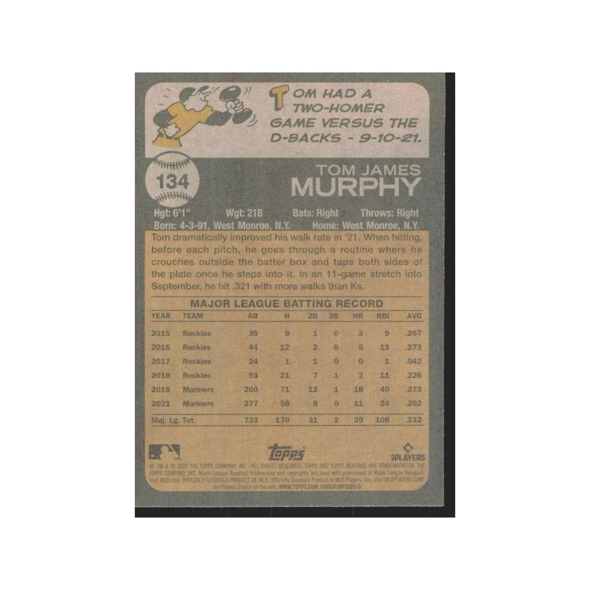 2022 Topps Heritage Tom Murphy Mariners #134
